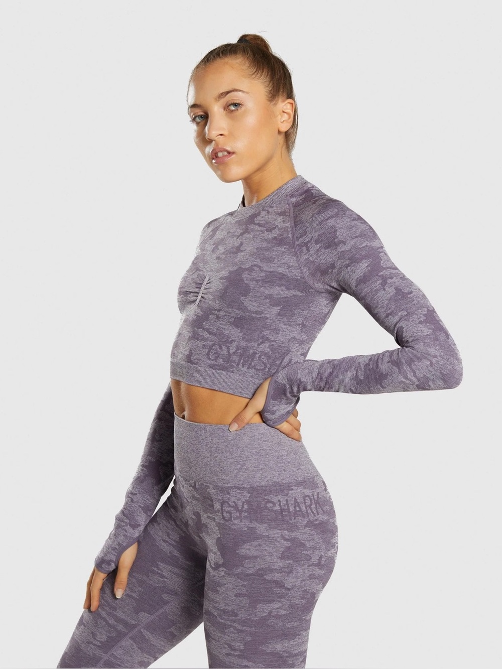 Gymshark Camo Seamless Long Sleeve Crop Top & Legging Set | Lavender Grey